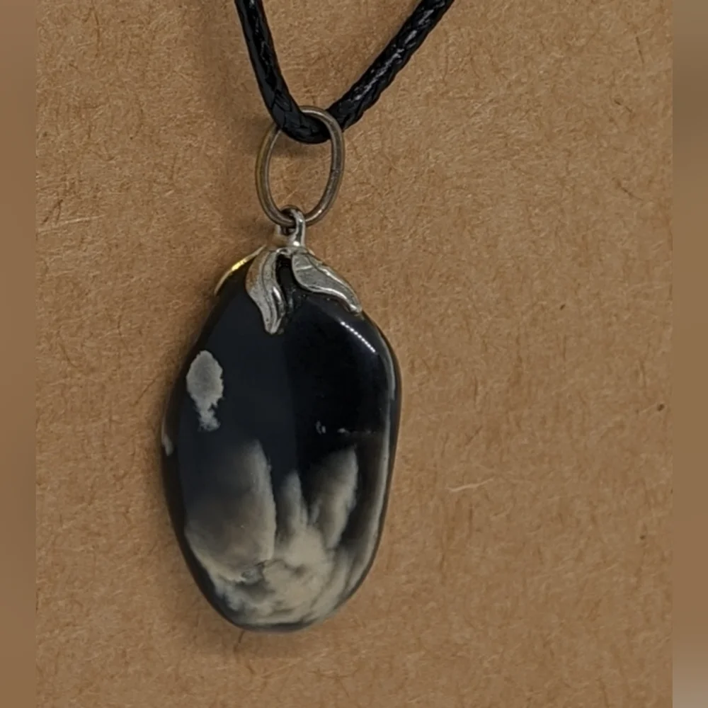Black Agate Double Sided Pendant with Black Cord Necklace